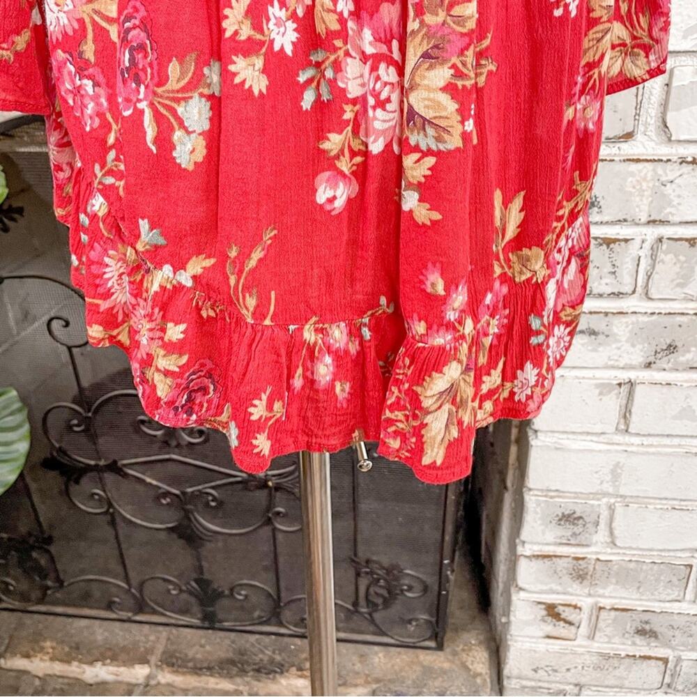 Vintage Denim & Supply Ralph Lauren Red Cotton Floral Flowy 3/4 Sleeve Top L - Picture 7 of 10